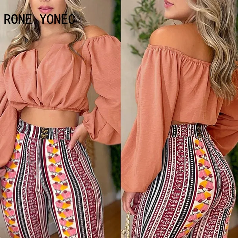 Women Chic Solid Crop Top & All Over Print Pants Slash Collar Long Sleeves Sexy Pants Sets