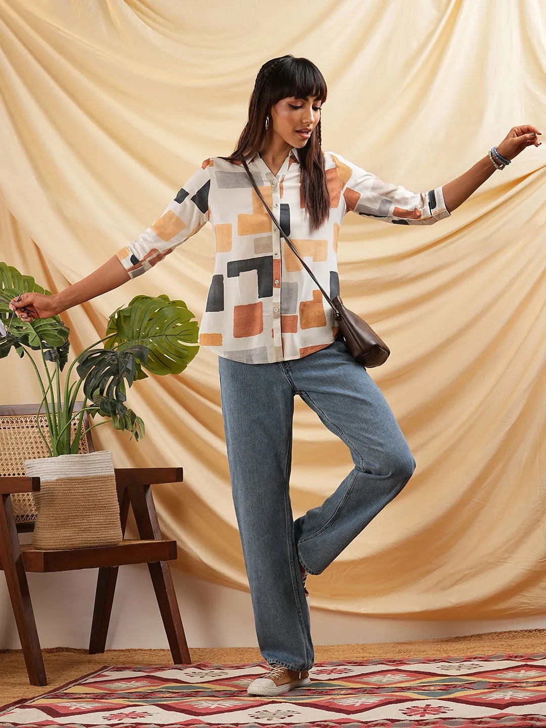 Women Cream Shirt - Ladies Cotton Comfort Fit Shirt - Zola