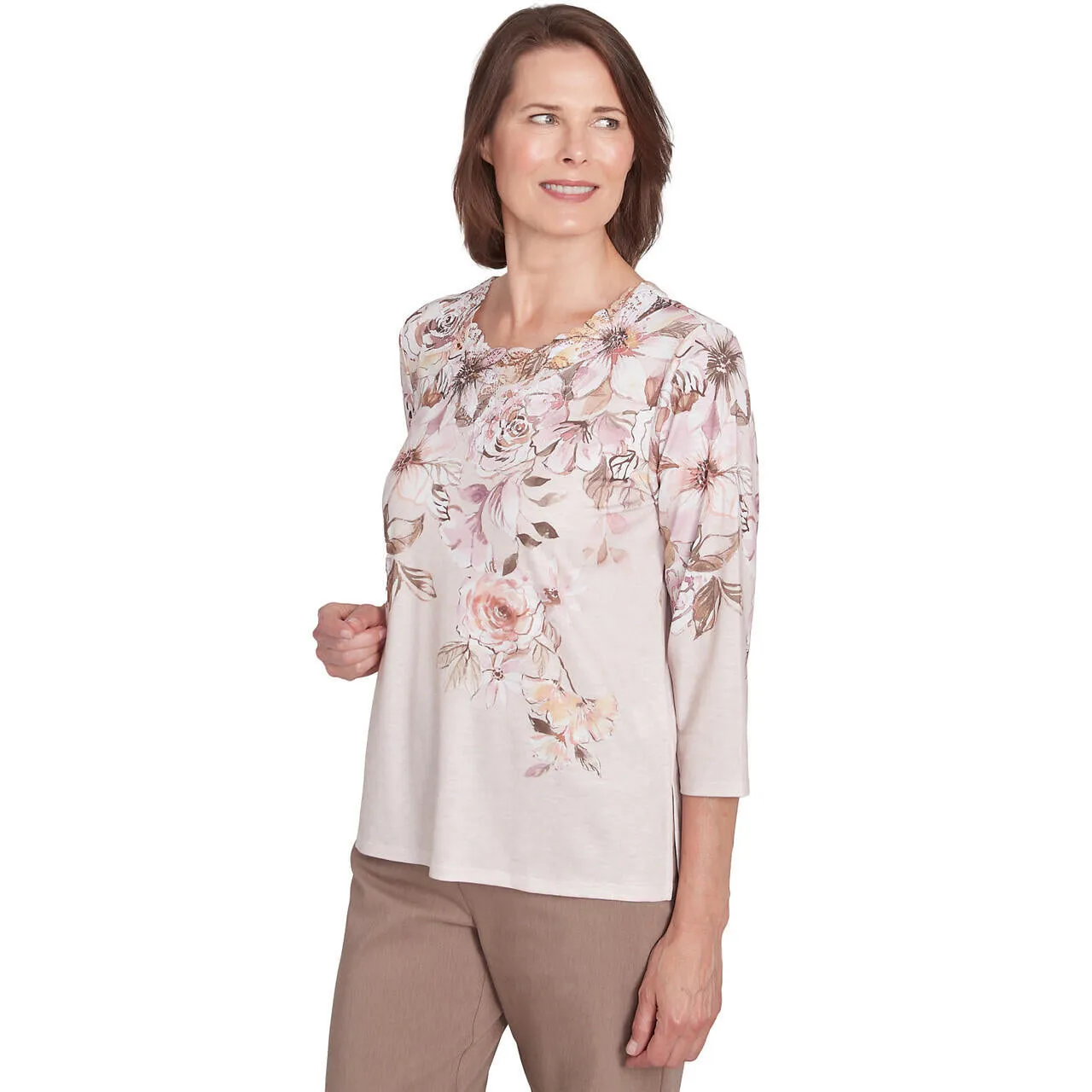 Women's Falling Floral Lace Crew Neck Top - 77545