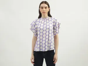 Women's Regular Fit Ruffled Neck Printed Tops