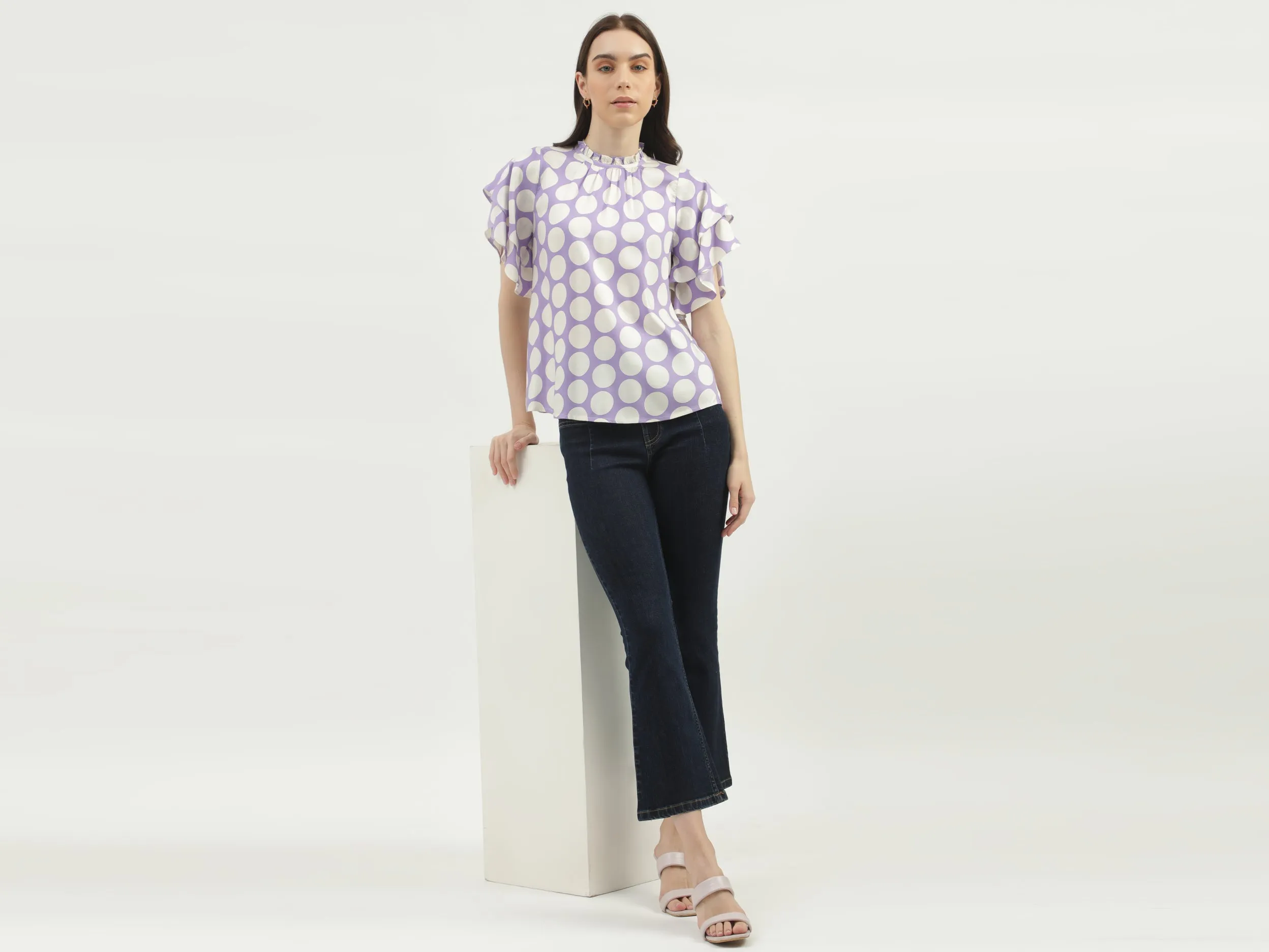 Women's Regular Fit Ruffled Neck Printed Tops