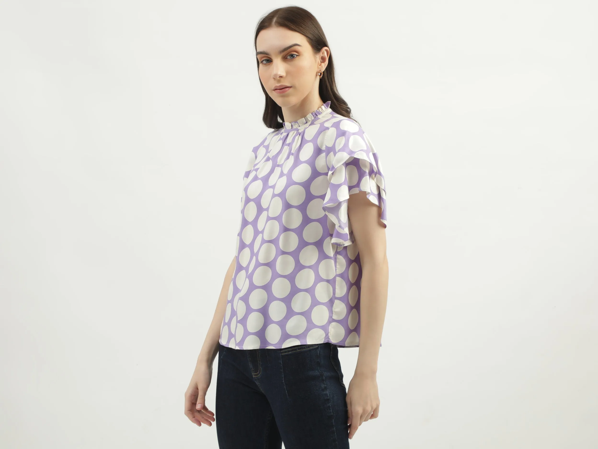 Women's Regular Fit Ruffled Neck Printed Tops
