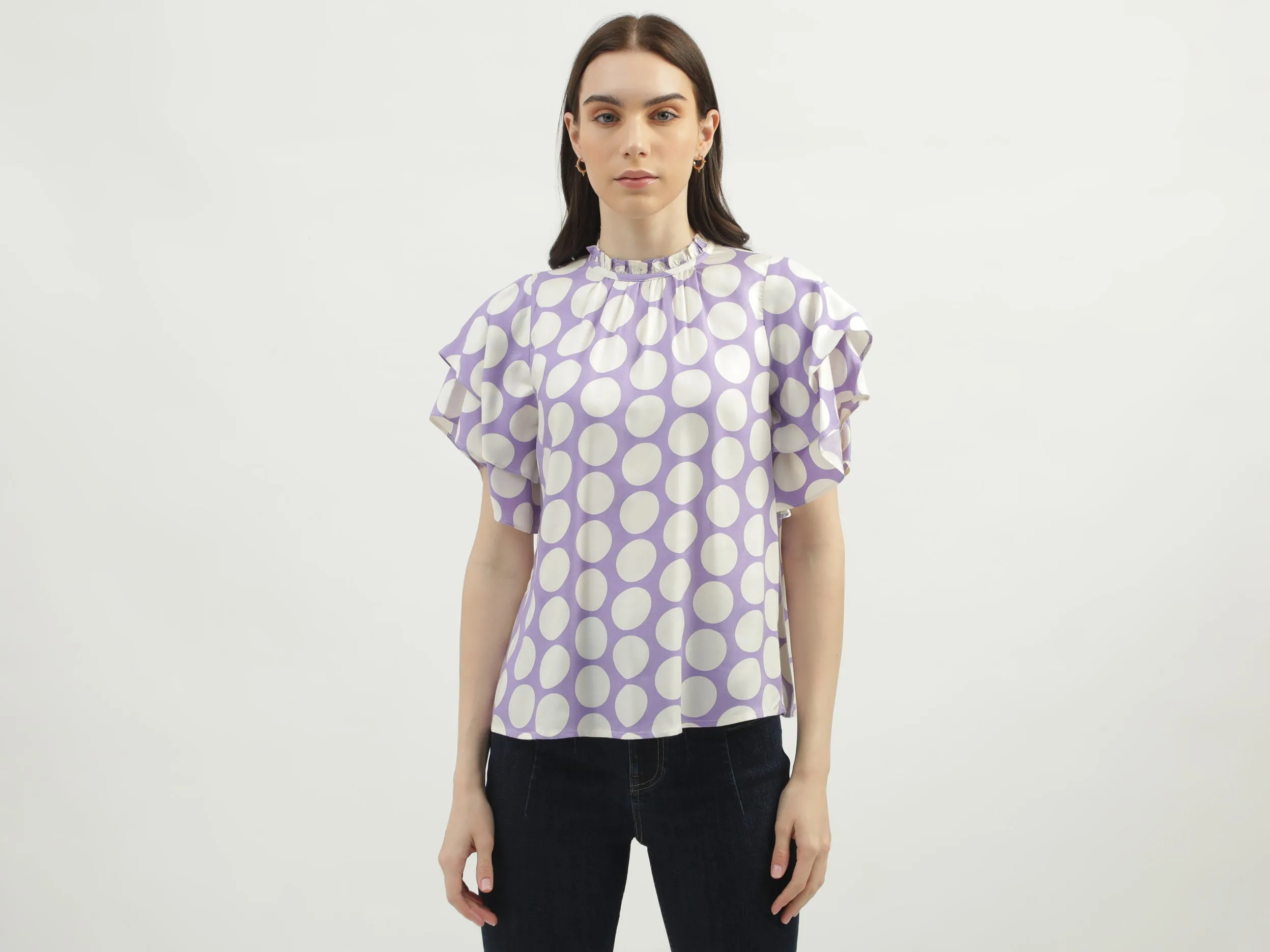 Women's Regular Fit Ruffled Neck Printed Tops