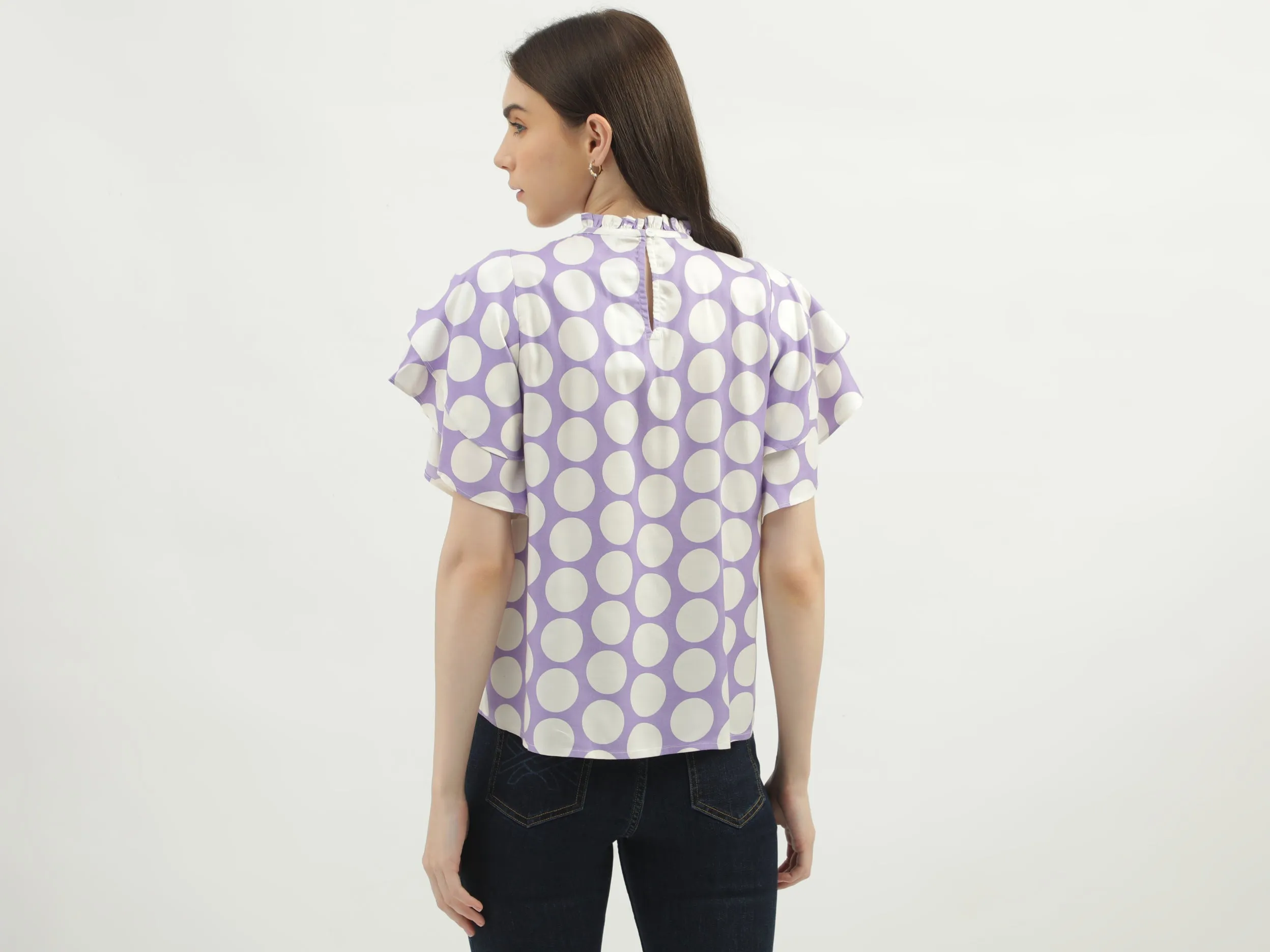 Women's Regular Fit Ruffled Neck Printed Tops
